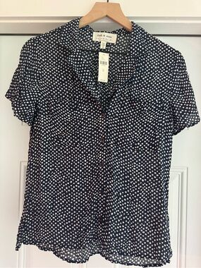 Anthropologie Black Navy Dot Button-Down Short Sleeve Blouse